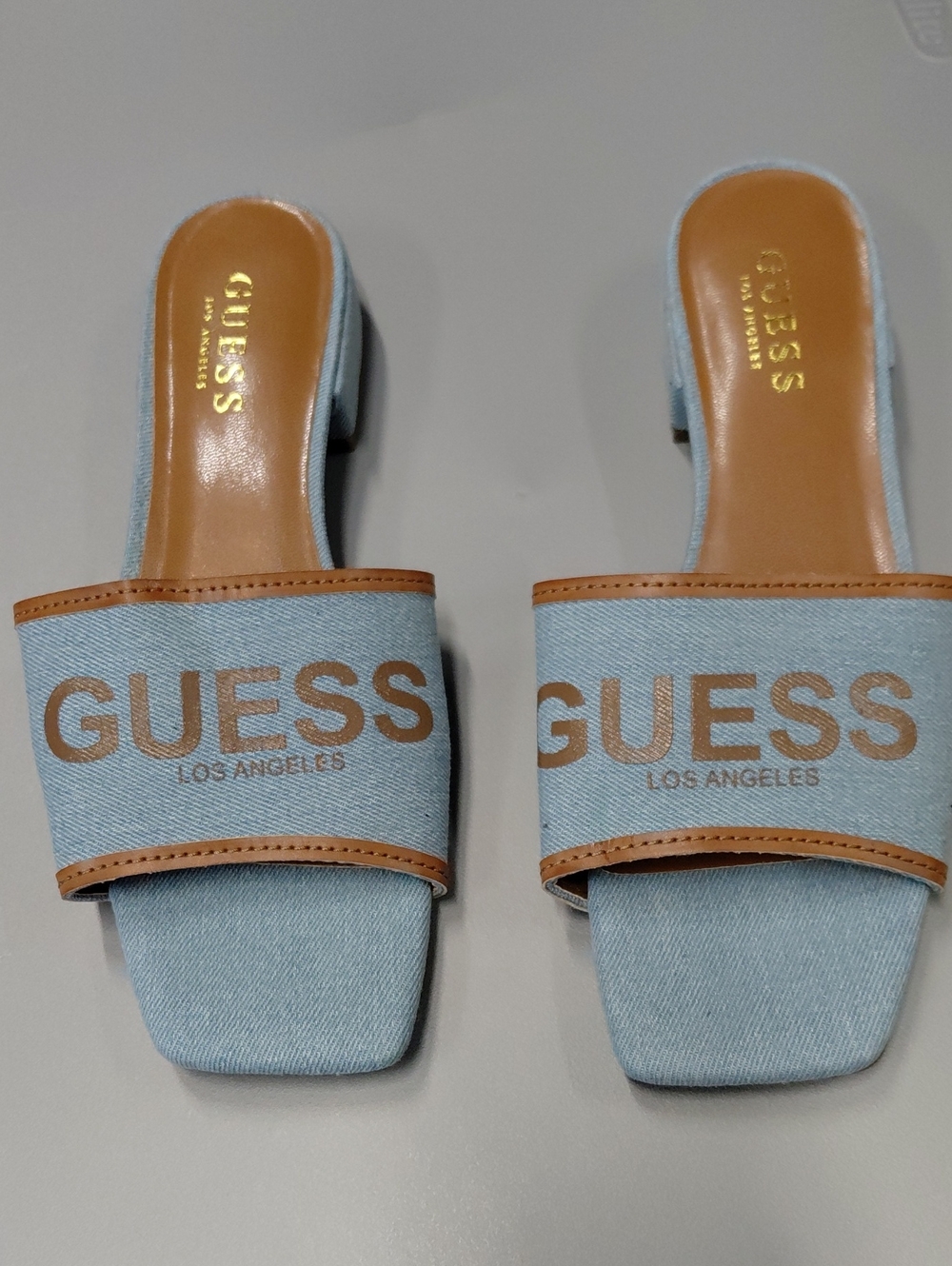 GUESS Light Blue Denim Slide Mules with Brown Trim